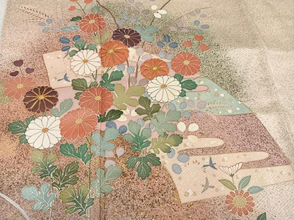 平和屋着物●訪問着　作家物　駒刺繍　地紙草花文　金彩　正絹　逸品　AABI0569ph