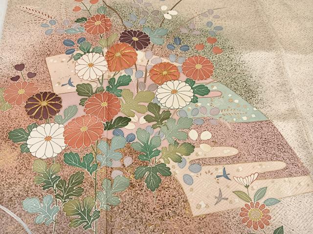 平和屋着物●訪問着　作家物　駒刺繍　地紙草花文　金彩　正絹　逸品　AABI0569ph
