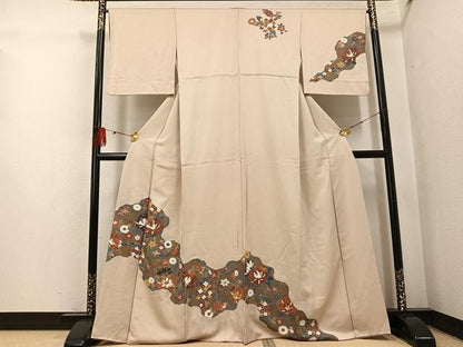 平和屋着物●訪問着　友禅　刺繍　草花文　正絹　逸品　AABI0571ph