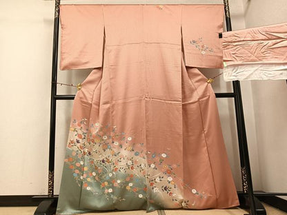 平和屋着物●訪問着　枝花文　暈し染め　三越扱い　丹後ちりめん　反端付き　正絹　逸品　AABI0582ph