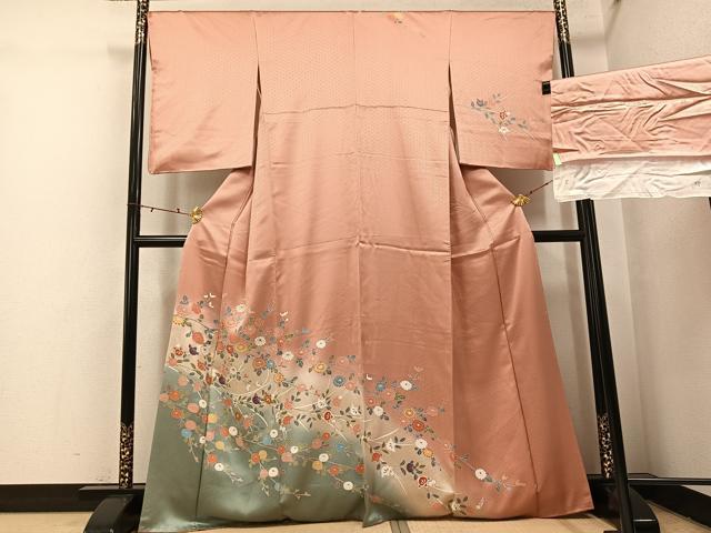 平和屋着物●訪問着　枝花文　暈し染め　三越扱い　丹後ちりめん　反端付き　正絹　逸品　AABI0582ph