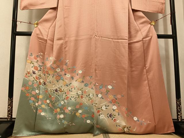 平和屋着物●訪問着　枝花文　暈し染め　三越扱い　丹後ちりめん　反端付き　正絹　逸品　AABI0582ph