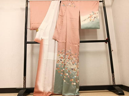 平和屋着物●訪問着　枝花文　暈し染め　三越扱い　丹後ちりめん　反端付き　正絹　逸品　AABI0582ph