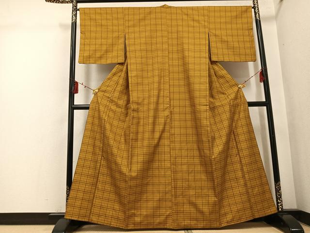 平和屋着物●黄八丈　紬　綾織　格子　正絹　逸品　AABI0584ph