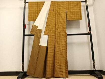 平和屋着物●黄八丈　紬　綾織　格子　正絹　逸品　AABI0584ph