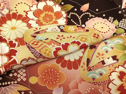 平和屋着物●豪華振袖・長襦袢(無双仕立て)セット　刺繍　草花　草履　暈し染め　金彩　半衿刺繍　正絹　逸品　AABI0590ph