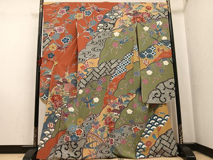 平和屋着物●豪華振袖　紅型　花鳥文　正絹　逸品　AABI0591ph