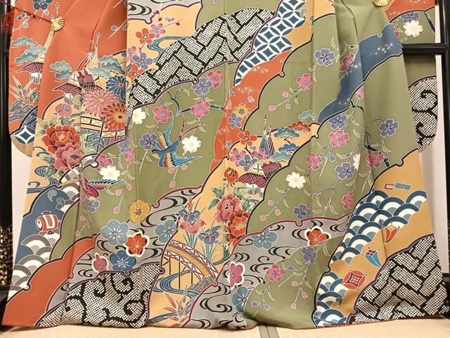 平和屋着物●豪華振袖　紅型　花鳥文　正絹　逸品　AABI0591ph