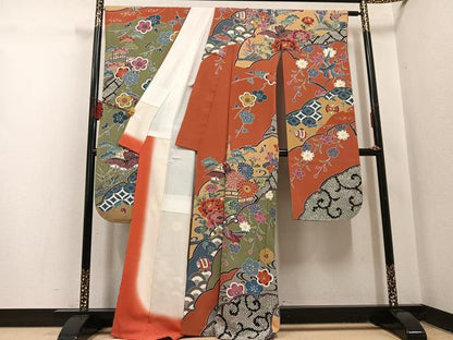 平和屋着物●豪華振袖　紅型　花鳥文　正絹　逸品　AABI0591ph