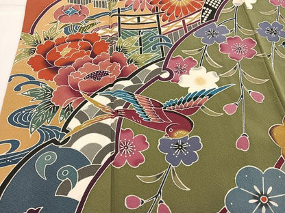平和屋着物●豪華振袖　紅型　花鳥文　正絹　逸品　AABI0591ph