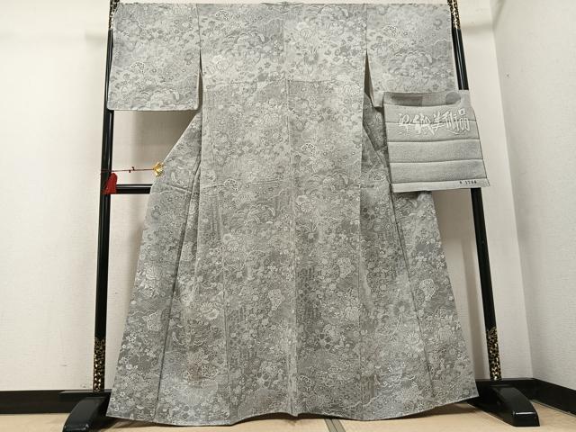平和屋着物●山岡古都・古都染人　染織美術品　薬墨染　天目織　お召　草花文　反端付き　正絹　逸品　未使用　AABI0592ph