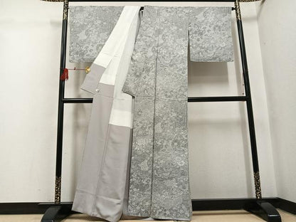 平和屋着物●山岡古都・古都染人　染織美術品　薬墨染　天目織　お召　草花文　反端付き　正絹　逸品　未使用　AABI0592ph