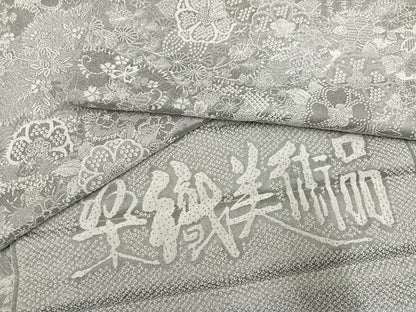 平和屋着物●山岡古都・古都染人　染織美術品　薬墨染　天目織　お召　草花文　反端付き　正絹　逸品　未使用　AABI0592ph