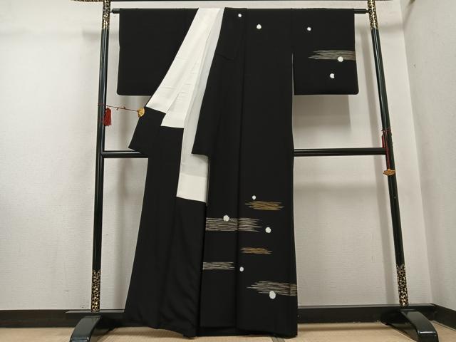 平和屋着物●訪問着　絞り　霞文　黒地　金銀彩　正絹　逸品　AABI0594ph