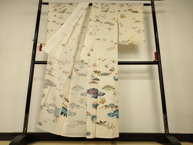 平和屋着物＊夏物 訪問着 絽 型染 花蝶文 金彩 正絹 逸品 AABI0607jd