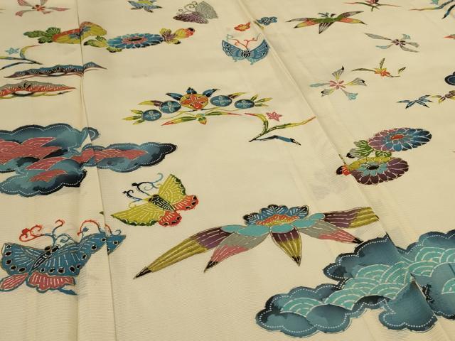 平和屋着物＊夏物 訪問着 絽 型染 花蝶文 金彩 正絹 逸品 AABI0607jd