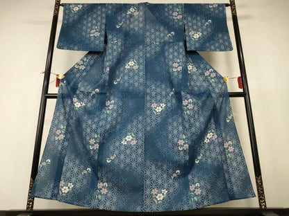 平和屋着物＊夏物　小紋　絽　麻の葉花文　洗える着物　AABI0617jd