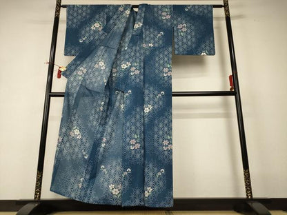 平和屋着物＊夏物　小紋　絽　麻の葉花文　洗える着物　AABI0617jd