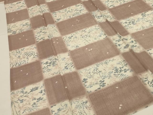 平和屋着物＊夏物　小紋　紗　市松草花文　洗える着物　AABI0618jd