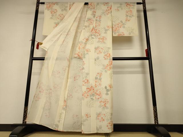 平和屋着物＊夏物　小紋　絽　紫陽花　銀彩　正絹　逸品　AABI0633jd