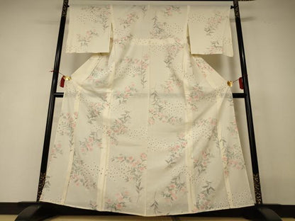 平和屋着物＊夏物 小紋 絽 草花文 銀彩 正絹 逸品 AABI0654jd