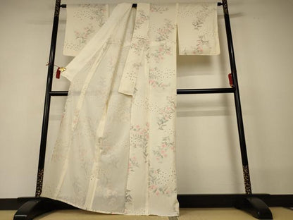平和屋着物＊夏物 小紋 絽 草花文 銀彩 正絹 逸品 AABI0654jd