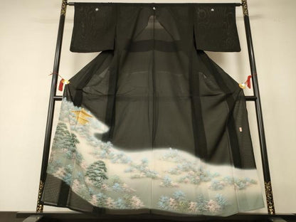 平和屋着物＊夏物 黒留袖 絽 作家物 風景文 暈し染め 金彩 正絹 逸品 AABI0656jd