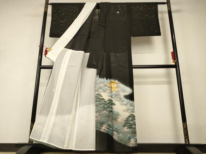 平和屋着物＊夏物 黒留袖 絽 作家物 風景文 暈し染め 金彩 正絹 逸品 AABI0656jd