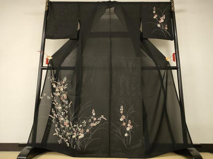 平和屋着物＊夏物　訪問着　絽　草花文　銀彩　正絹　逸品　AABI0657jd