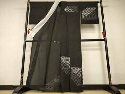 平和屋着物＊夏物 訪問着 絽 花格子 黒地 正絹 逸品 AABI0681jd