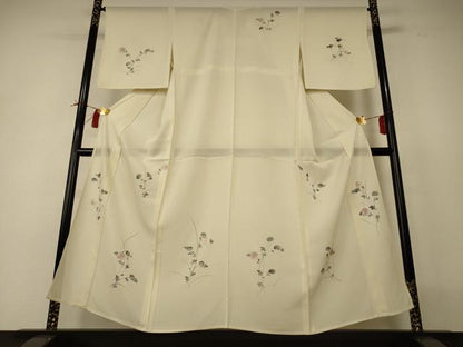 平和屋着物＊夏物 訪問着 絽 手描き 草花文 銀彩 正絹 逸品 AABI0689jd