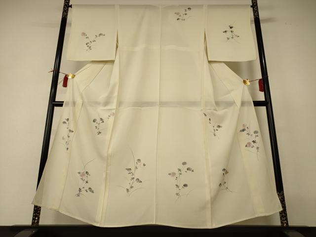 平和屋着物＊夏物 訪問着 絽 手描き 草花文 銀彩 正絹 逸品 AABI0689jd