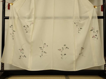 平和屋着物＊夏物 訪問着 絽 手描き 草花文 銀彩 正絹 逸品 AABI0689jd