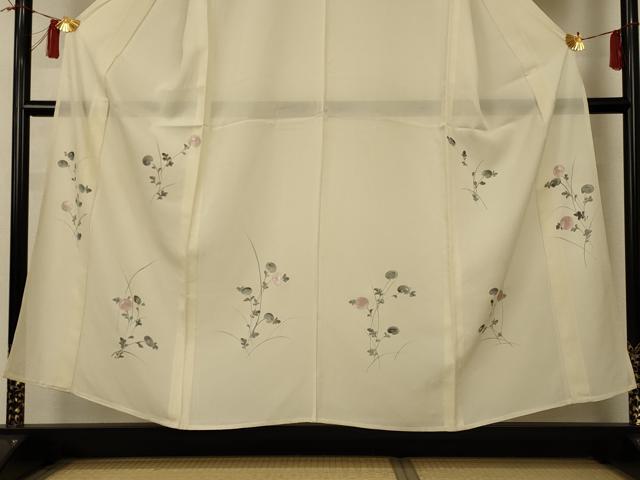 平和屋着物＊夏物 訪問着 絽 手描き 草花文 銀彩 正絹 逸品 AABI0689jd