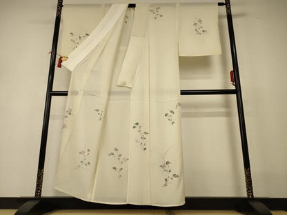 平和屋着物＊夏物 訪問着 絽 手描き 草花文 銀彩 正絹 逸品 AABI0689jd