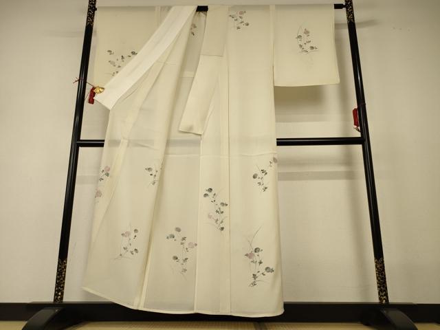 平和屋着物＊夏物 訪問着 絽 手描き 草花文 銀彩 正絹 逸品 AABI0689jd
