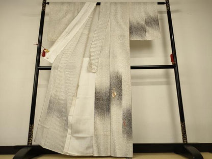 平和屋着物＊夏物 訪問着 絽 変わり縞 鶴 金彩 三越扱い 正絹 逸品 AABI0694jd