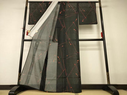 平和屋着物＊夏物 小紋 絽 枝葉文 洗える着物 AABI0701jd