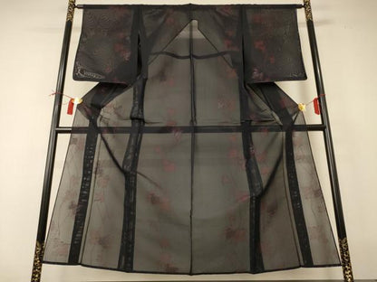 平和屋着物＊夏物 小紋 紗 蔦の葉文 銀糸 正絹 逸品 AABI0703jd