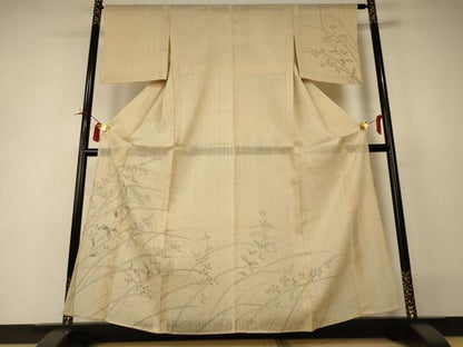 平和屋着物＊夏物 訪問着 生紬 手描き 草花文 正絹 逸品 AABI0711jd