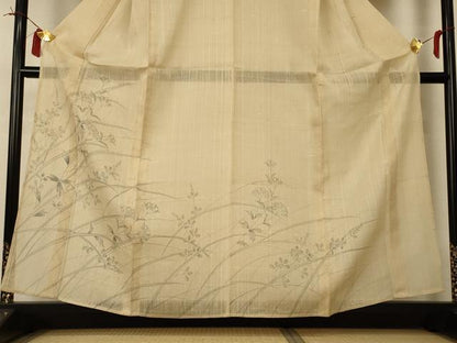 平和屋着物＊夏物 訪問着 生紬 手描き 草花文 正絹 逸品 AABI0711jd