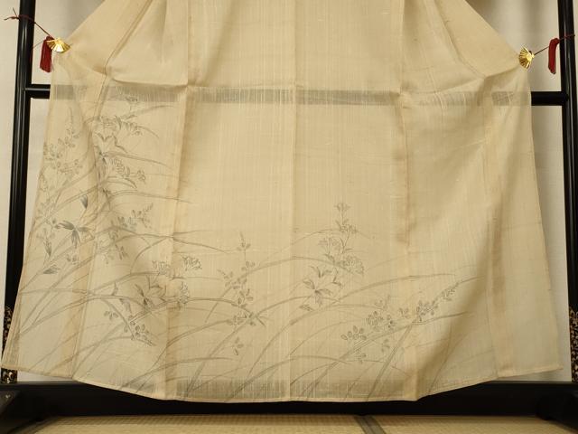 平和屋着物＊夏物 訪問着 生紬 手描き 草花文 正絹 逸品 AABI0711jd