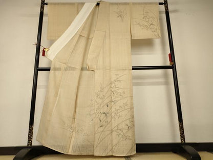 平和屋着物＊夏物 訪問着 生紬 手描き 草花文 正絹 逸品 AABI0711jd