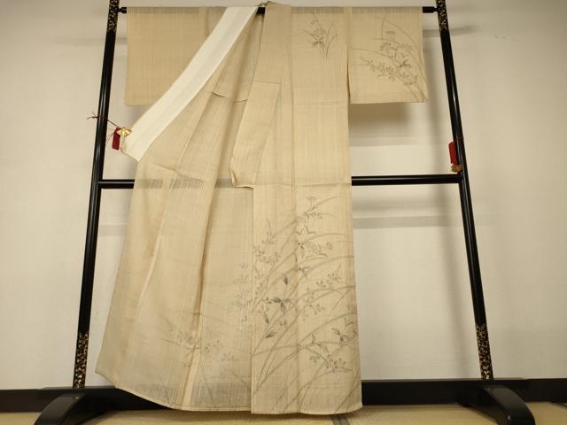 平和屋着物＊夏物 訪問着 生紬 手描き 草花文 正絹 逸品 AABI0711jd