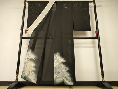 平和屋着物＊夏物 黒留袖 絽 両褄 立波草花文 暈し染め 銀彩 正絹 逸品 AABI0715jd