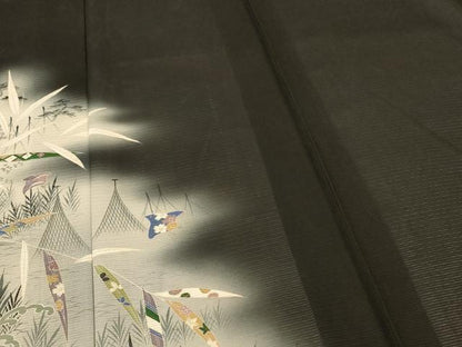 平和屋着物＊夏物 黒留袖 絽 両褄 立波草花文 暈し染め 銀彩 正絹 逸品 AABI0715jd