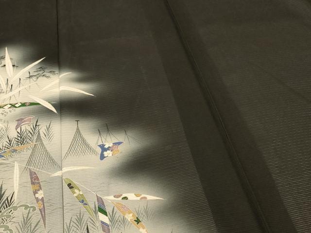 平和屋着物＊夏物 黒留袖 絽 両褄 立波草花文 暈し染め 銀彩 正絹 逸品 AABI0715jd