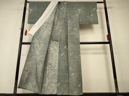 平和屋着物＊夏物 訪問着 生紬 手描き 草花文 正絹 逸品 AABI0734jd