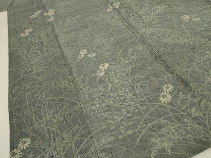 平和屋着物＊夏物 訪問着 生紬 手描き 草花文 正絹 逸品 AABI0734jd