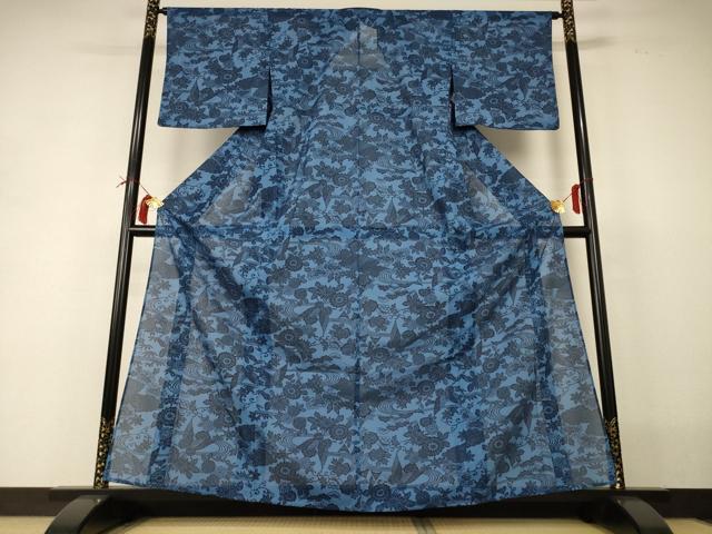 平和屋着物＊夏物 小紋 絽 流水草花文 洗える着物 AABI0744jd